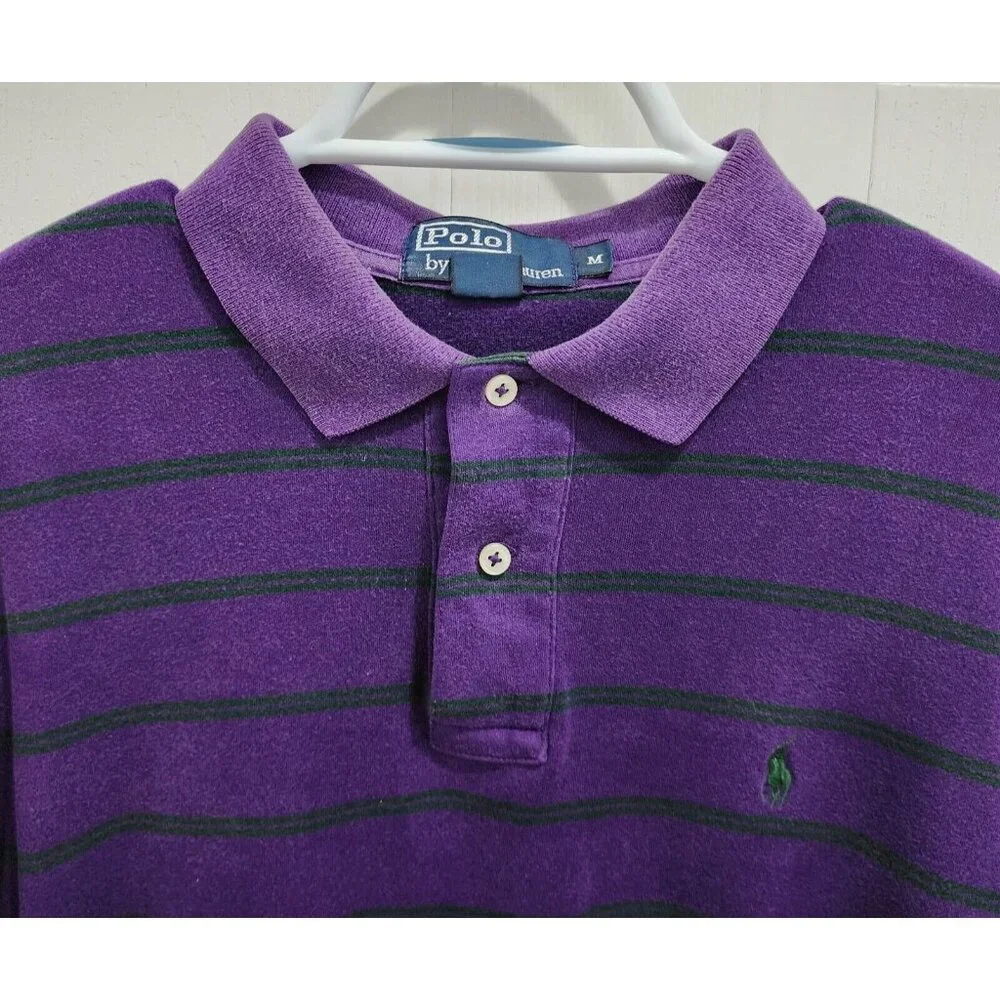 POLO Ralph Lauren Purple Striped Polo Shirt Size M 100% Cotton Green‎ Pony